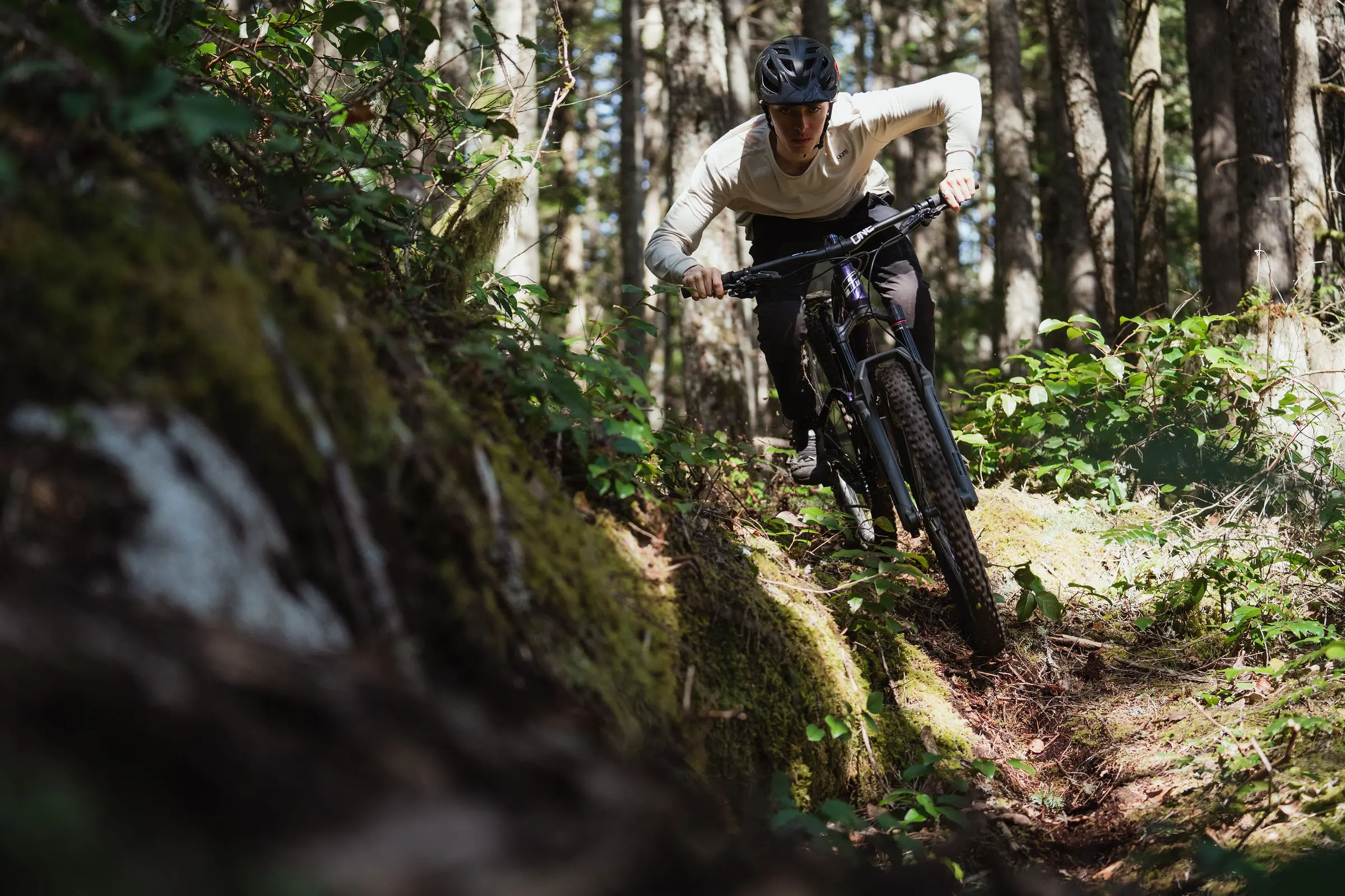 Mountainbiker op een smal bospad tussen mos en varens